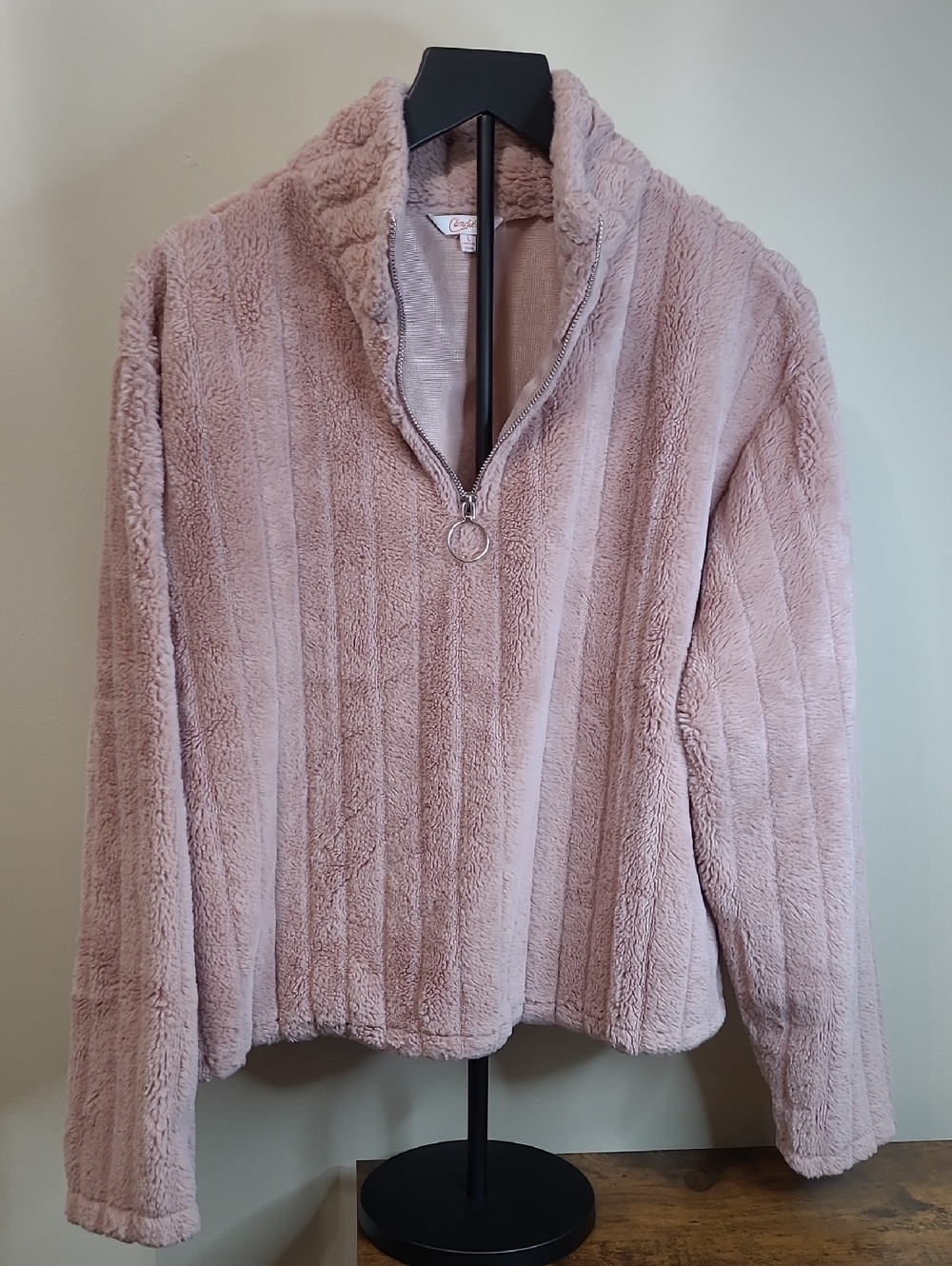 Candie's Dusty Rose Plush Faux Fur Quarter-Zip Pullover size Large